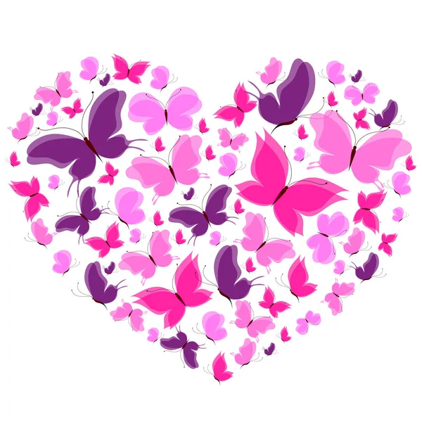 Hjärtmönster Form Vackra Rosa Och Lila Fjärilar Valentine Koncept — Stock vektor
