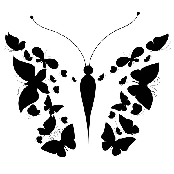 Schwarze Silhouetten Von Schmetterlingen Isoliert Auf Weißem Hintergrund — Stockfoto