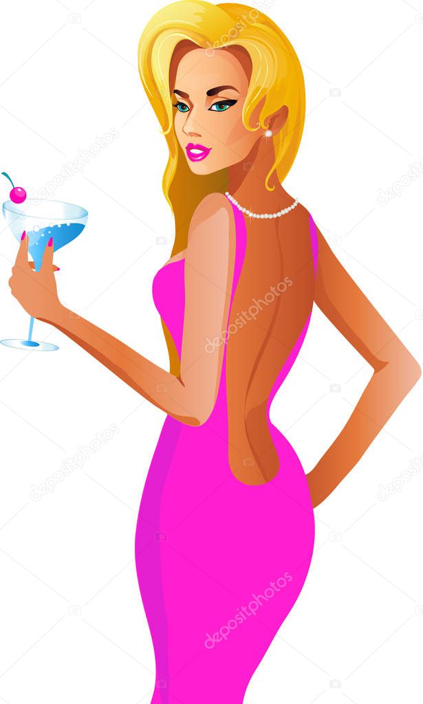 blonde woman with cocktail isolated on white background