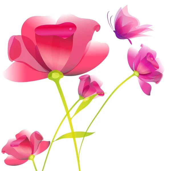 Flores Rosa Com Borboleta Isolada Fundo Branco — Fotografia de Stock