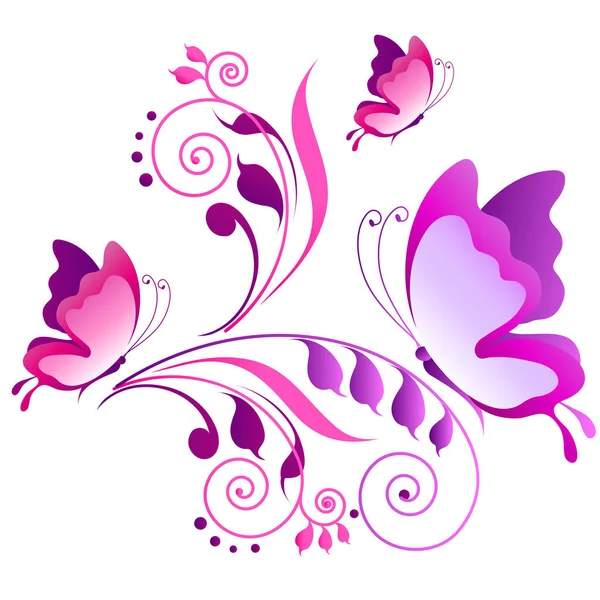 明亮的粉红色蝴蝶与漩涡小树枝隔绝在白色背景上 — 图库照片