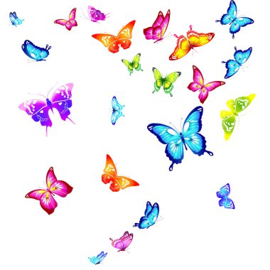 Beyaz arka plan üzerinde izole parlak renkli kelebekler dizi