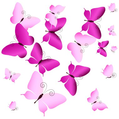 Beyaz arka plan üzerinde izole parlak renkli pembe kelebekler