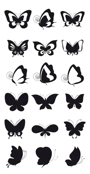 Silueta Negra Mariposas Aisladas Sobre Fondo Blanco — Vector de stock