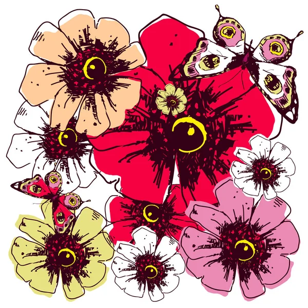Барвисті Ручні Дикі Квіти Метеликами Ізольовані Білому Тлі — стоковий вектор