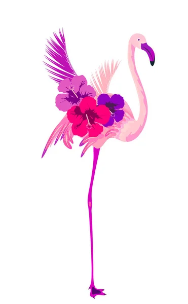 Flamant Rose Aquarelle Avec Des Fleurs Isolées Sur Fond Blanc — Image vectorielle