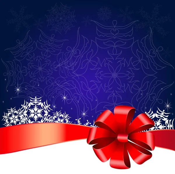 Weihnachtsbanner Mit Roter Schleife Und Weißen Schneeflocken Auf Blauem Hintergrund — Stockvektor