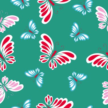 Yeşil zemin üzerine minimalist renkli kelebekler