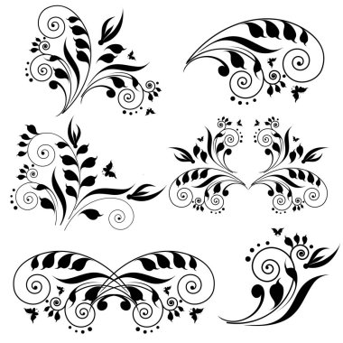  Sanat dekoratif bitkiler ve beyaz arka plan üzerinde izole swirls