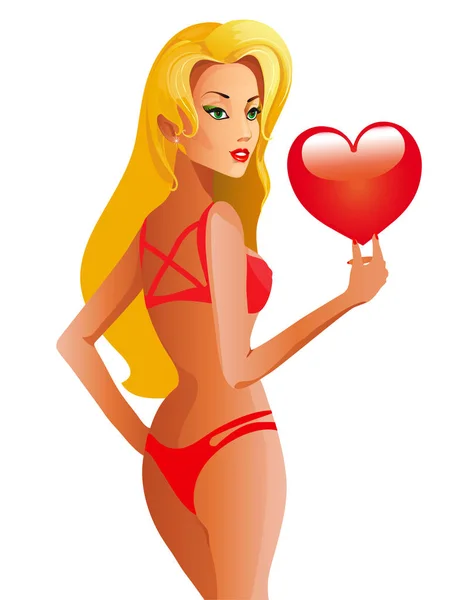 blonde woman in red bikini holding red heart