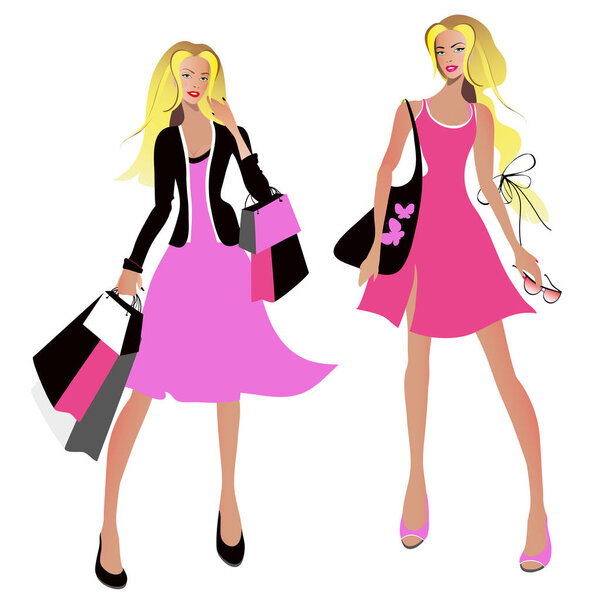 Cartoon women with shopping bags on white background