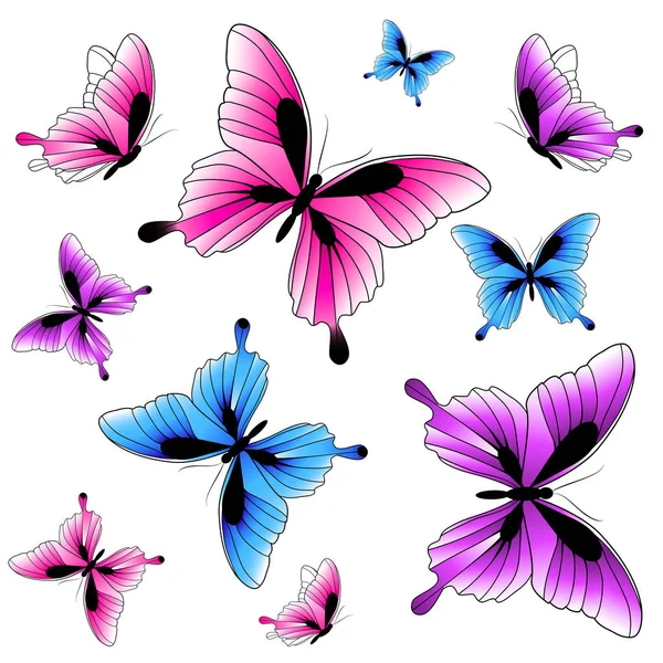 Set Bright Colorful Butterflies Isolated White Background — Stock Vector