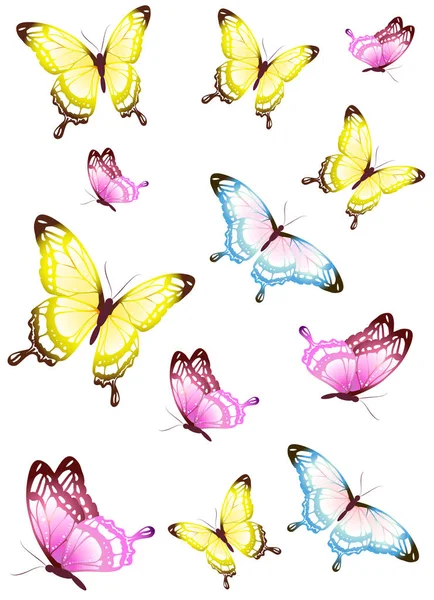 Sada Zářivě Barevné Motýly Izolovaných Bílém Pozadí — Stockový vektor