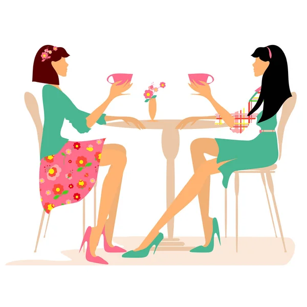 Sketch Two Women Drinking Tea Cafe — Stock Vector