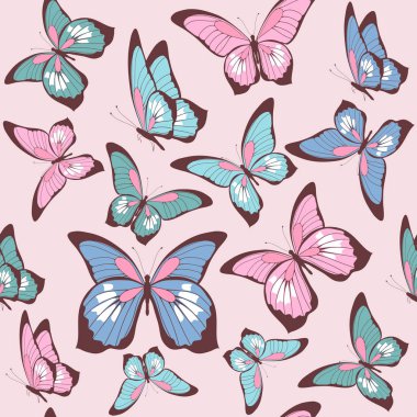 Pastel arka plan üzerinde renkli şık dekoratif kelebekler