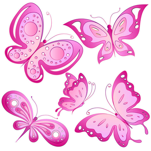 Яркие красочные розовые бабочки изолированы на белом фоне
