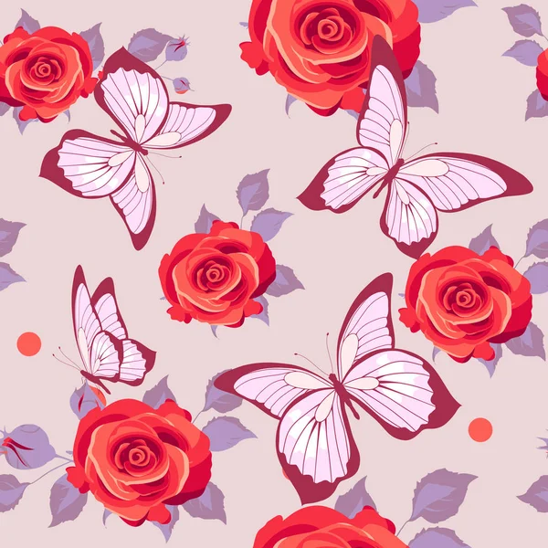 Seamless Pattern Pattern Roses Butterflies Pastel Background — Stock Vector