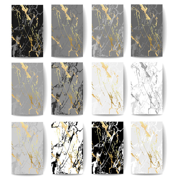 Set of marble textures with golden spots on white background 
