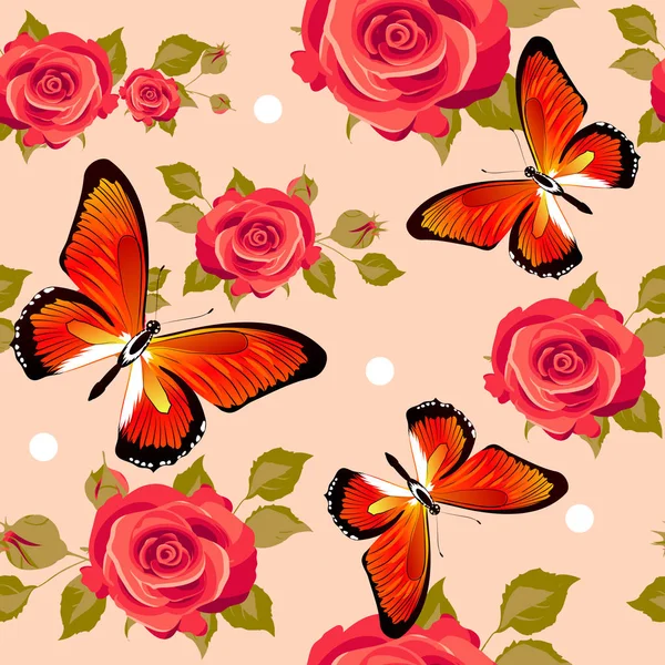 Seamless Pattern Pattern Roses Butterflies Pastel Background — Stock Vector