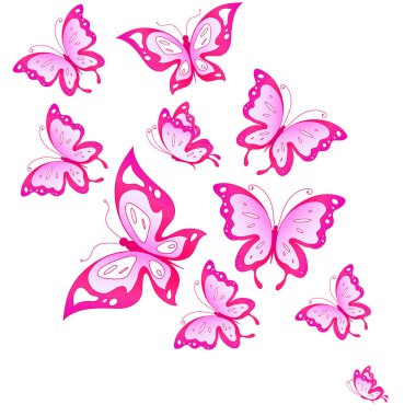 Beyaz arka plan üzerinde izole parlak renkli pembe kelebekler