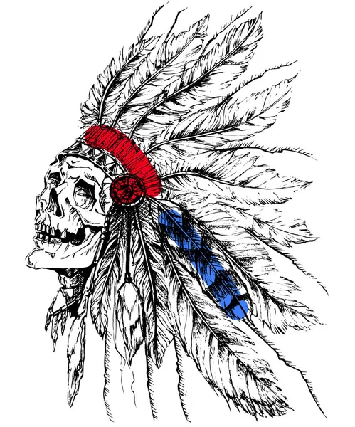 Beyaz Arka Plan Üzerinde Ulusal Şapkalı Amerikan Yerlilerinin Kafatası — Stok fotoğraf