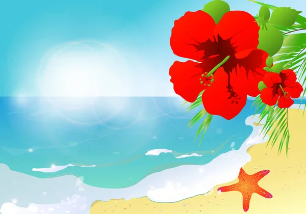 蓝色的海水与海星和红色的花在海滩上 — 图库矢量图片