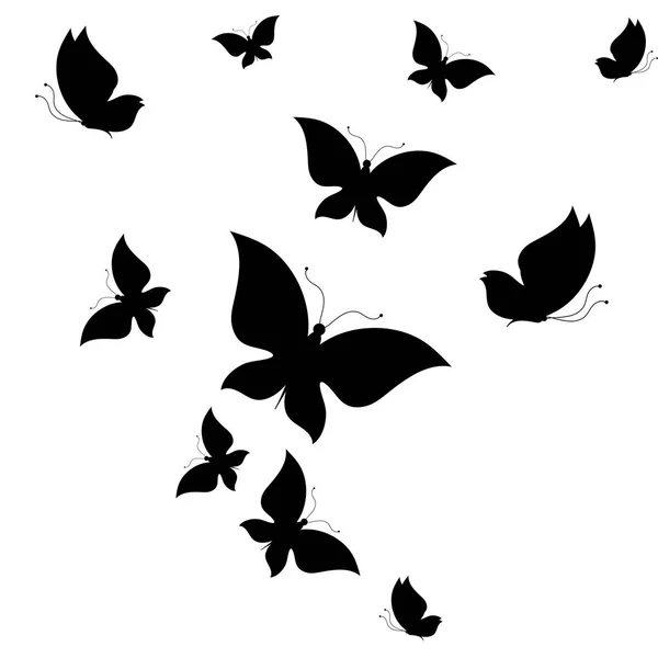 Black Silhouette Butterflies Isolated White Background — Stock Vector