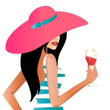 şapkalı güzel esmer kadının karakter karikatür ve elbise holding kokteyl, vektör, illüstrasyon 