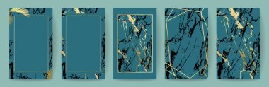 Mavi arka planda altın lekeleri olan mermer dokular seti 