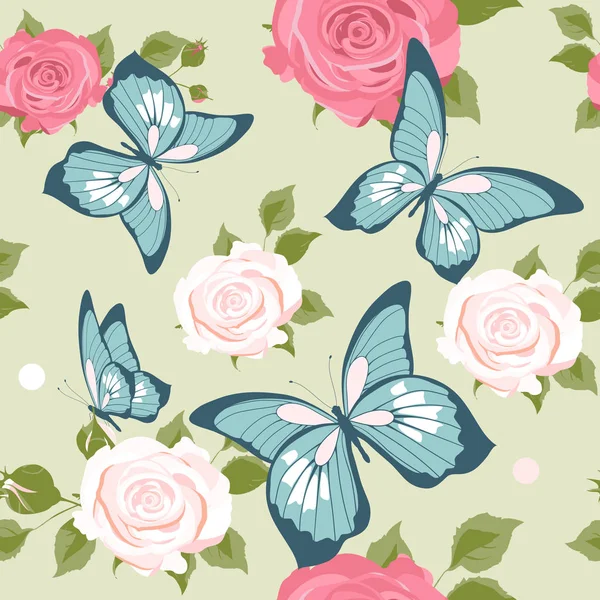 パステルの背景にバラと蝶とのシームレスなパターンパターン — ストック写真