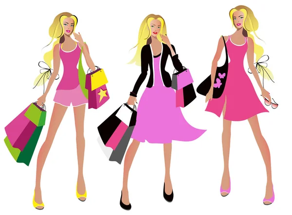 Cartoon women with shopping bags on white background