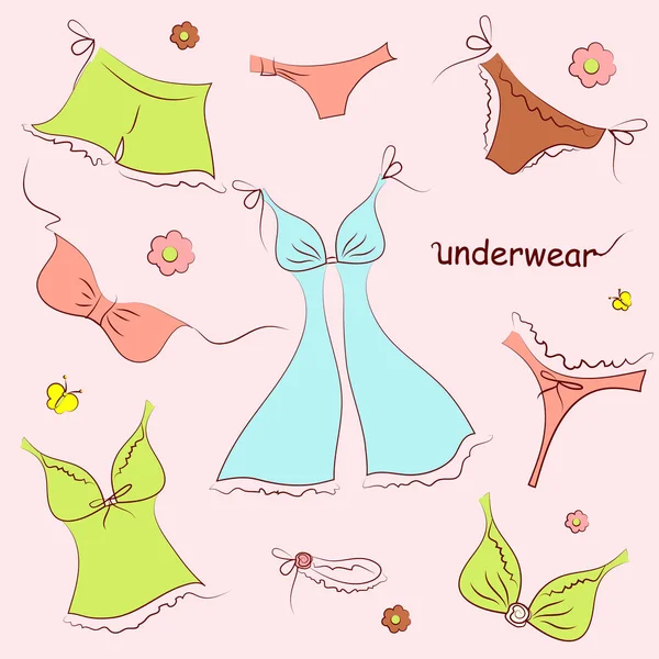 Set Hand Drawn Underwear Set Pastel Pink Background — Stock Vector