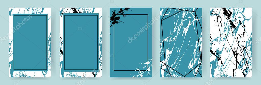 Set of marble textures with golden spots on blue background 
