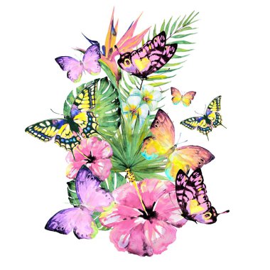 Beyaz arka planda el çizilmiş suluboya tropikal çiçekler ve kelebekler 