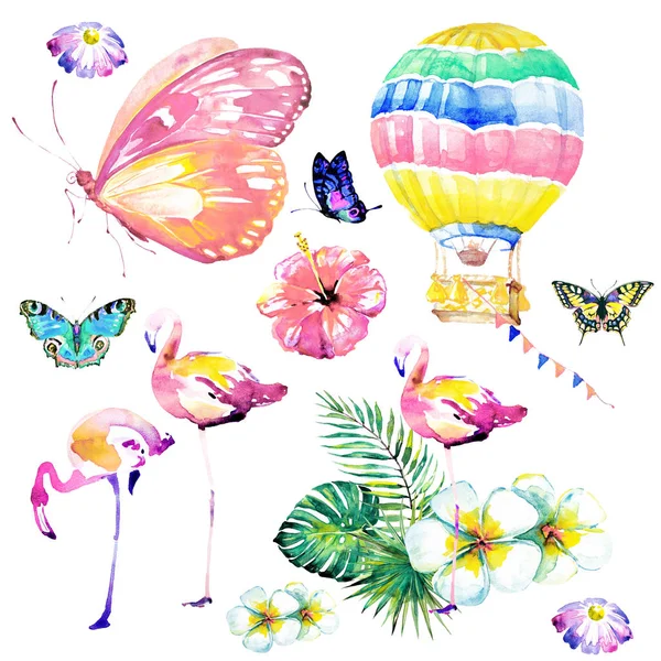 Ensemble Feuilles Palmiers Tropicaux Aquarelle Flamants Roses Papillons Fleurs Sur — Photo