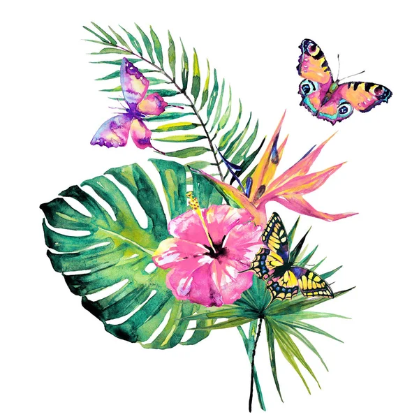 Hand drawn watercolor tropical flowers and butterflies on white background