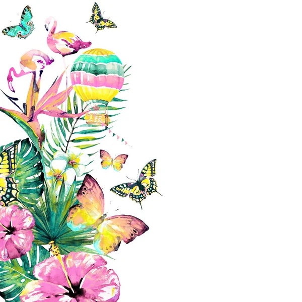 Hand drawn watercolor tropical flowers and butterflies on white background