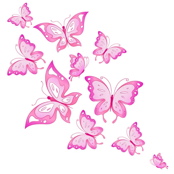 Heldere Kleurrijke Roze Vlinders Geïsoleerd Witte Achtergrond — Stockvector
