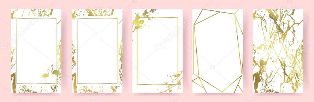 Set of stylish marble backgrounds with golden spots