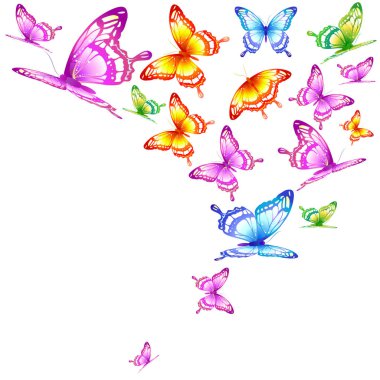 Beyaz arka plan üzerinde izole parlak renkli kelebekler dizi