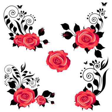 Beyaz zemin üzerinde kırmızı güller bulunan dekoratif elementler.