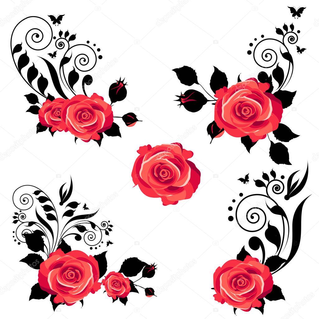 Set of decorative elements with red roses isolated on white background