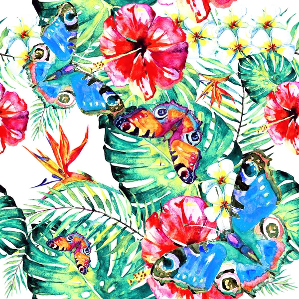 Hand Drawn Watercolor Tropical Flowers Butterflies White Background — Stock Photo, Image