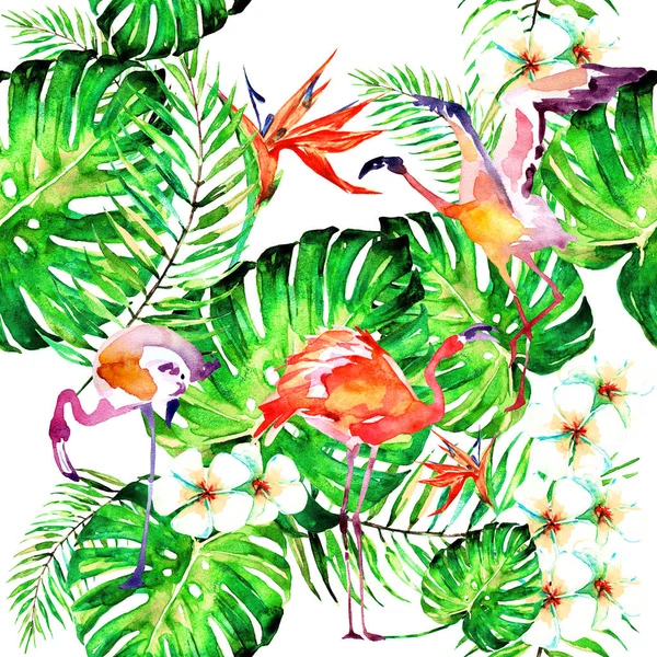 Beautiful Pink Flamingos Exotic Flowers Palm Leaves White Background — Stock Photo, Image