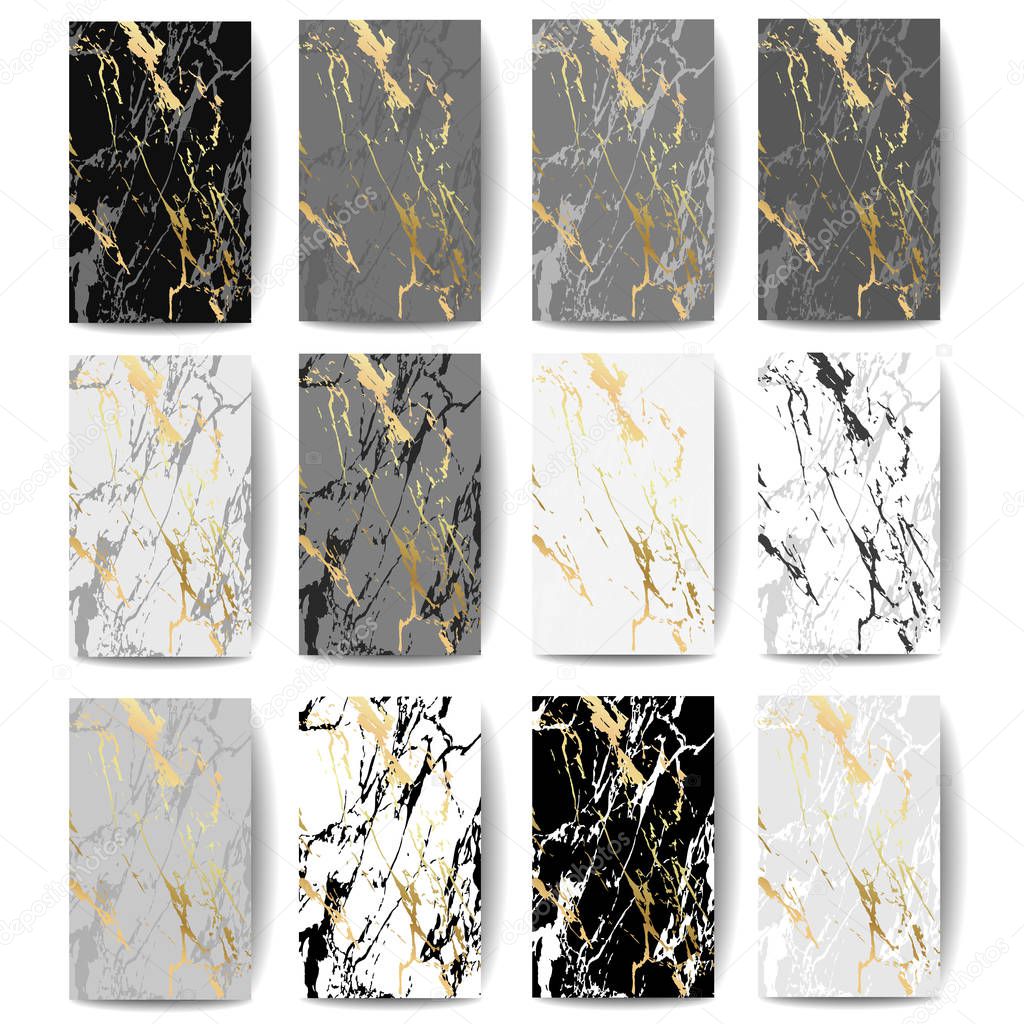 Set of marble textures with golden spots on white background 