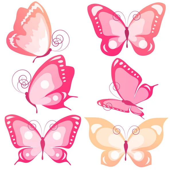 Mariposas Rosadas Brillantes Coloridas Aisladas Sobre Fondo Blanco — Archivo Imágenes Vectoriales