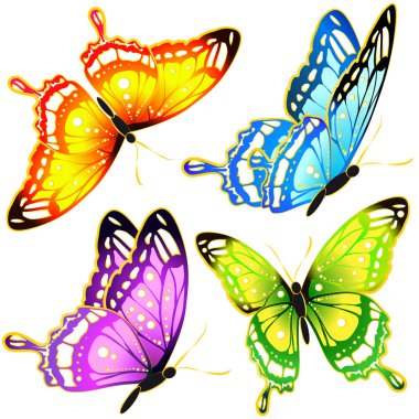 Beyaz arka plan üzerinde izole parlak renkli kelebekler dizi