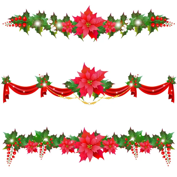 Kerst Slingers Met Poinsettia Bloemen Geïsoleerd Witte Achtergrond — Stockfoto