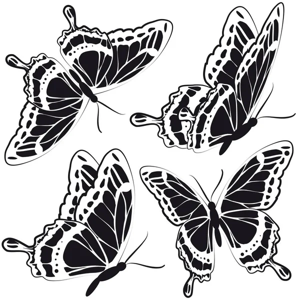Чорний Силует Метеликів Ізольований Білому Тлі — стоковий вектор