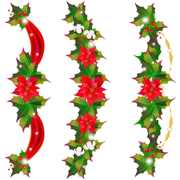 Kerst Slingers Met Poinsettia Bloemen Geïsoleerd Witte Achtergrond — Stockvector